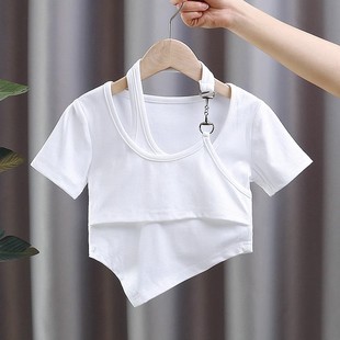 女童T恤夏季百搭新款韩版儿童潮酷短款不规则时髦中大童短袖t上衣