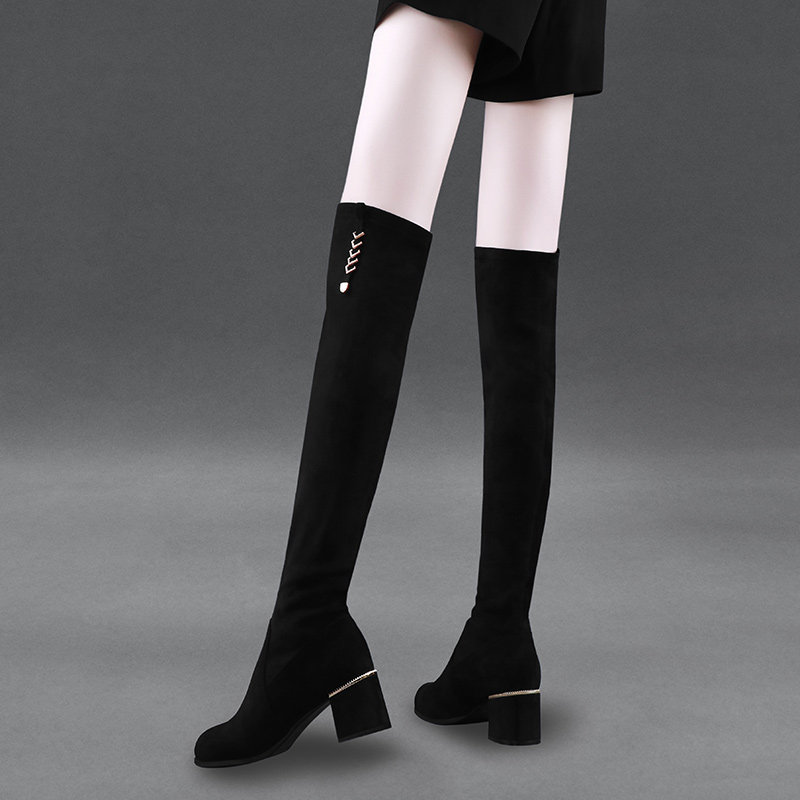 过膝长靴女2021年冬季新款粗跟绒面弹力瘦瘦靴加绒高跟高筒靴长靴