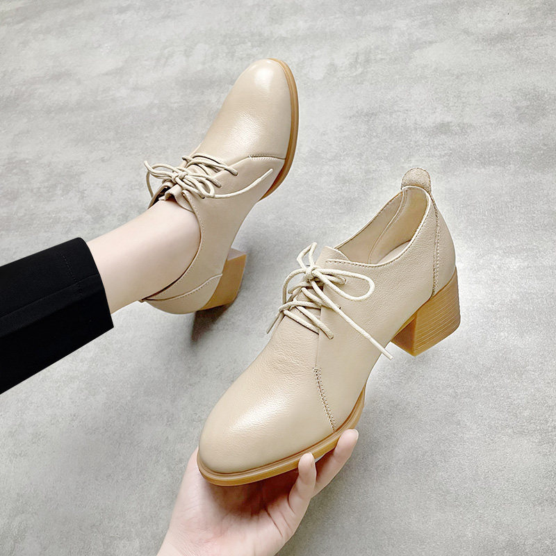 裸色小皮鞋女真皮粗跟杏色春秋系带浅色深口单鞋软皮英伦休闲鞋子