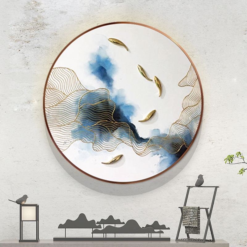 手绘油画现代抽象金线实物鱼圆形装饰画新中式客厅玄关背景墙挂画