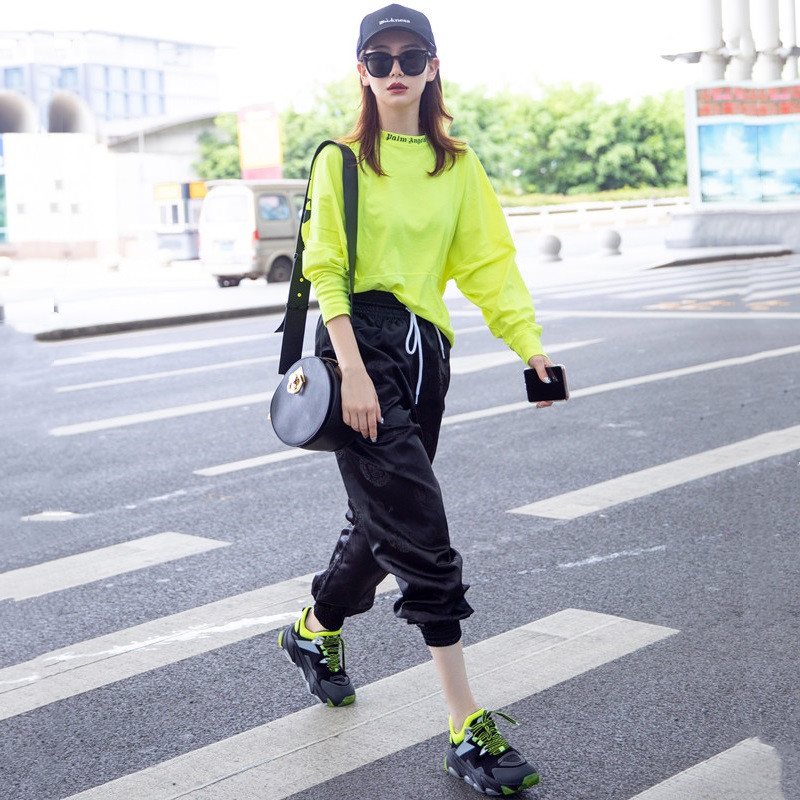 橙点戚薇明星同款荧光黄长袖宽松字母t恤休闲提花运动裤套装春新