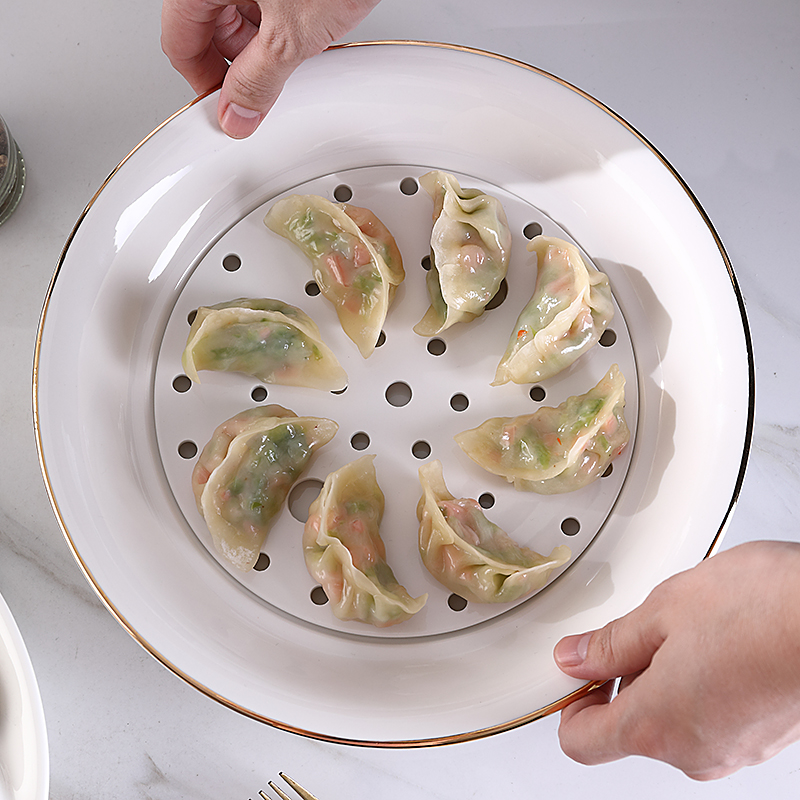 描金陶瓷饺子盘带沥水家用创意菜盘蒸盘大号圆形水饺盘托盘带格