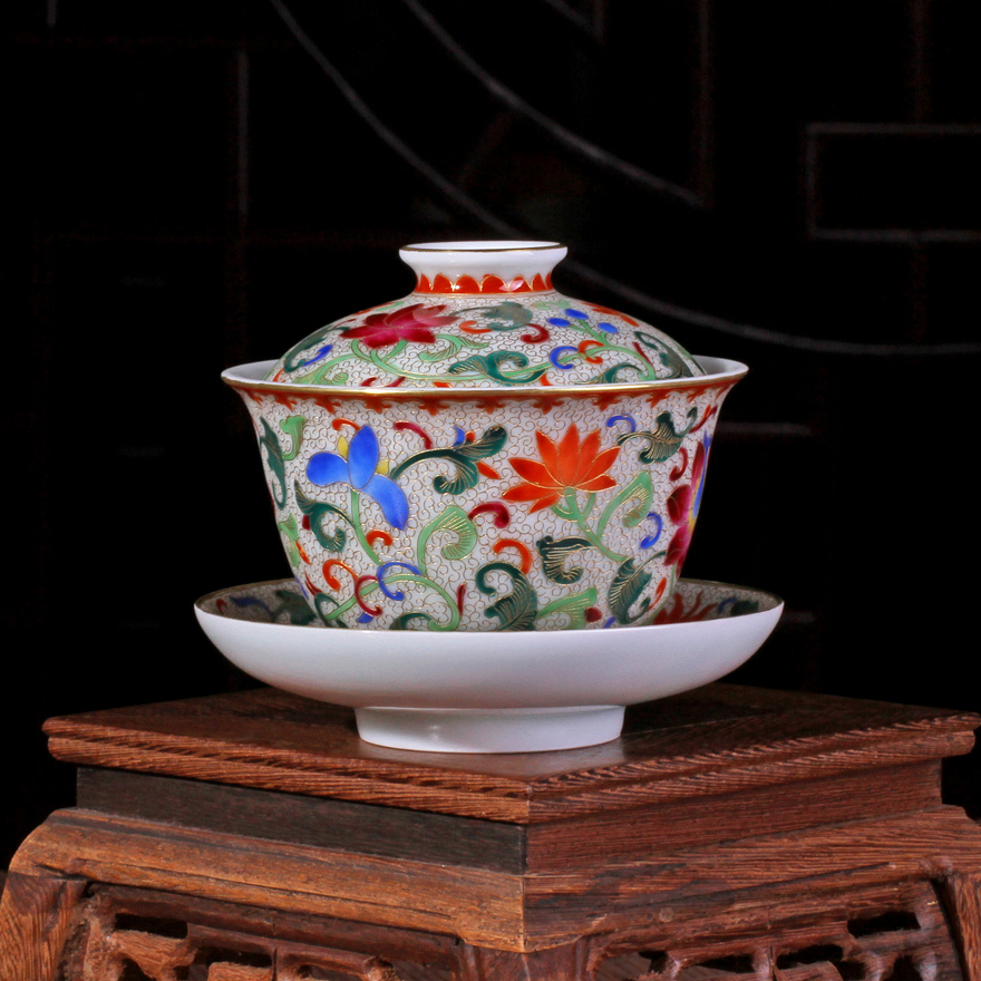 珐琅彩花卉三才盖碗 江西省高级陶瓷美术师金明