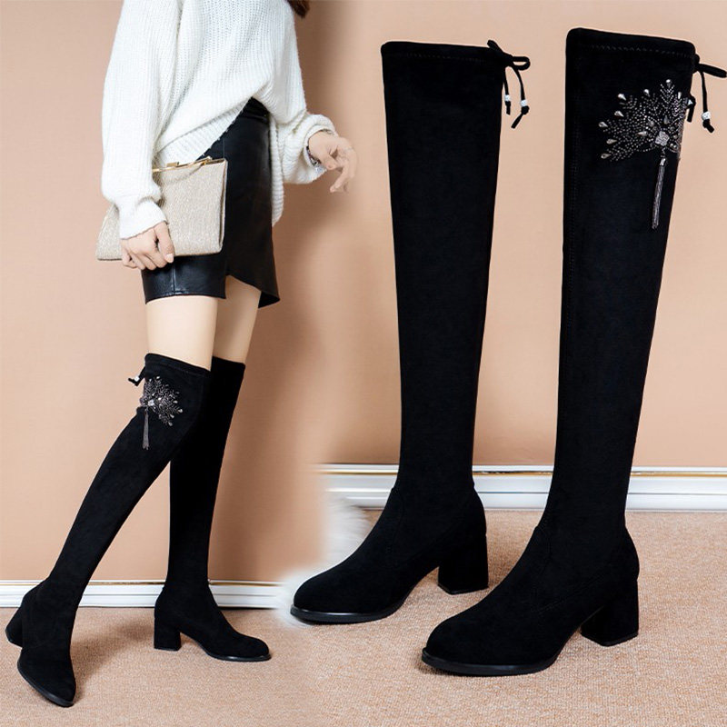 高跟过膝女靴粗跟靴子女长筒靴显瘦秋冬加绒长靴骑士靴瘦瘦弹力靴