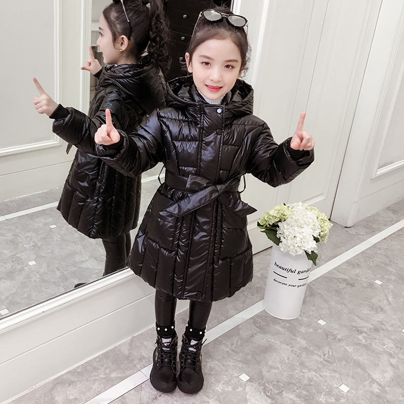 女童冬装棉衣2021新款中大童洋气加厚中长款亮面棉服女孩收腰棉袄