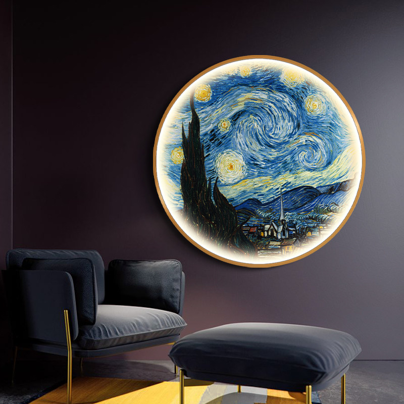 梵高星月夜装饰画卧室床头led发光画高档时尚印象派艺术挂画圆形