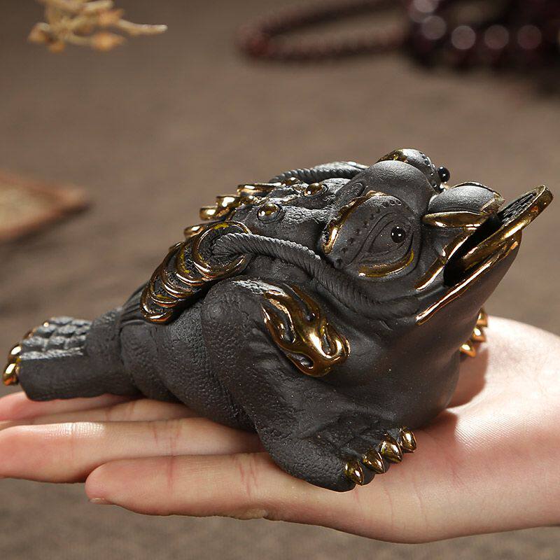 金蟾蜍茶宠紫砂茶具茶玩摆件大号半手工茶玩茶道配件可养