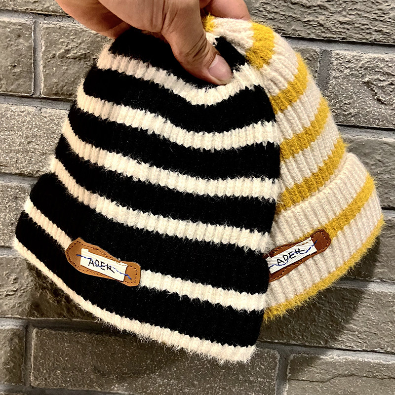 条纹针织毛线帽子女春秋冬适合大头防风保暖百搭洋气潮牌包头冷帽
