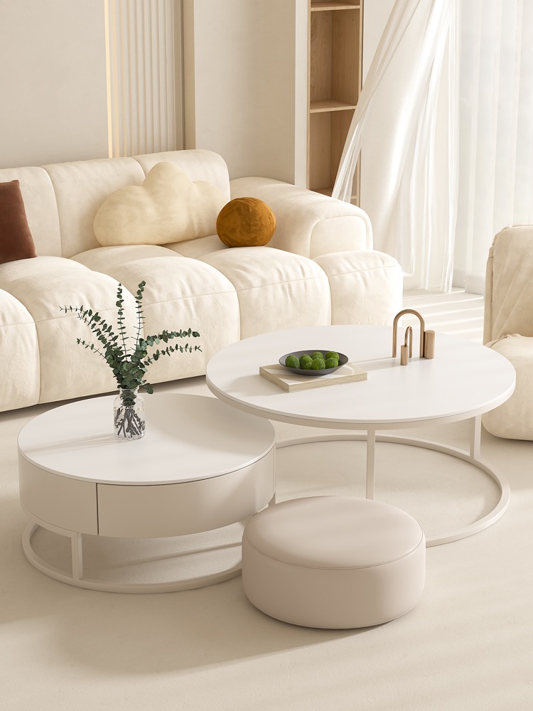 岩板茶几客厅家用简约现代小桌子奶油风轻奢网红圆形茶几桌小户型