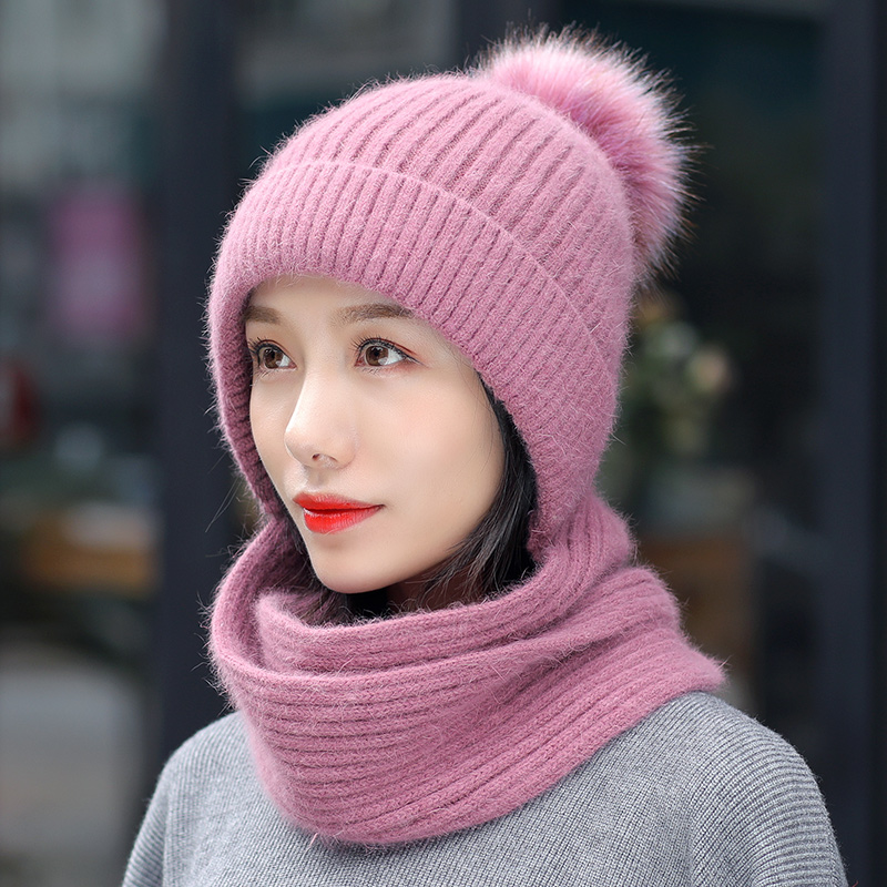 毛线帽子女秋冬季韩版百搭加厚针织帽骑车保暖帽子围巾一体兔毛帽
