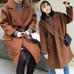 2016冬季新款韩版学院风双排扣呢子大衣宽松茧型中长款毛呢外套女