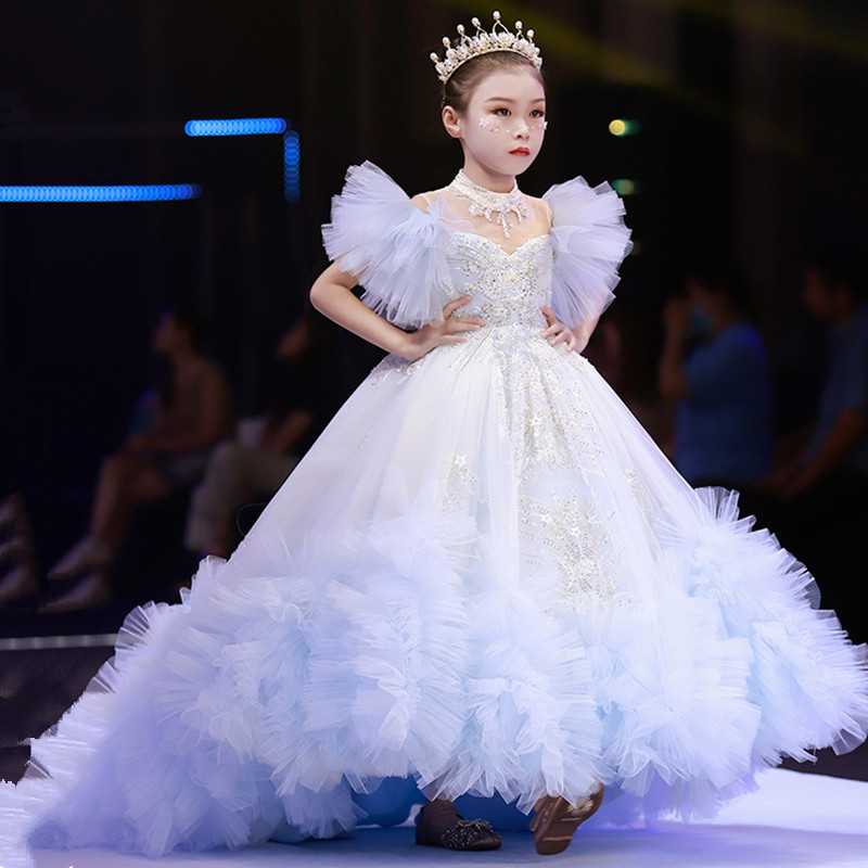 儿童生日party公主裙绑带小女孩红毯走秀高定礼服钢琴音乐会拖尾