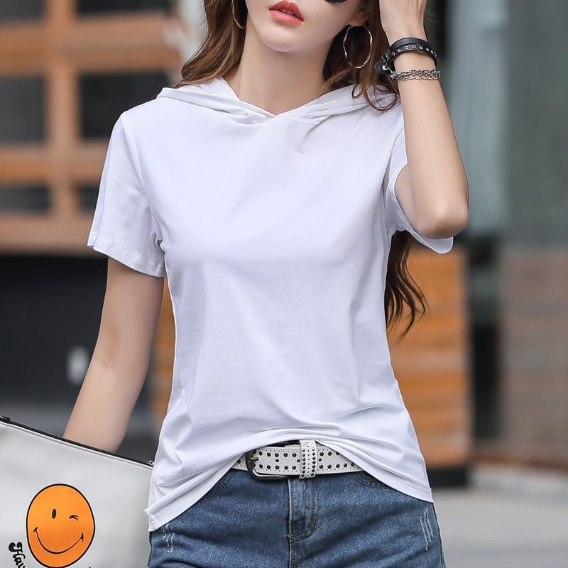 戴帽t恤女短袖夏宽松连帽纯色洋气潮流休闲韩范纯棉白色上衣带帽