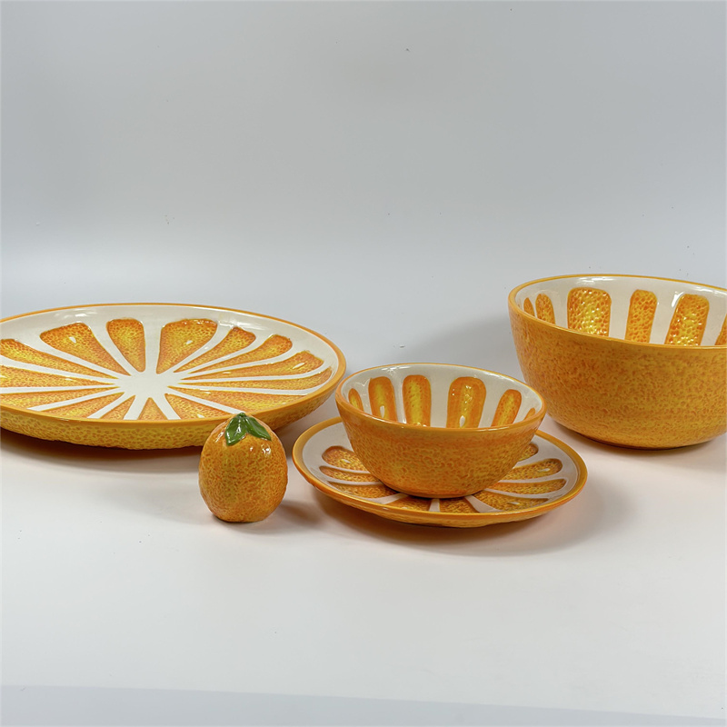 外贸陶瓷创意可爱水果圆形手绘桔子汤盘子面碗调料瓶餐具果盘家居