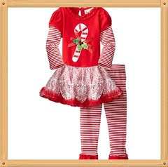 2016女童套装圣诞装新款秋款女童圣诞老人条纹网纱裙 喇叭裤套装