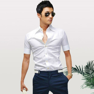 夏季白色短袖衬衫男生修身免烫高领衬衣潮流韩式2022帅气韩版寸衫