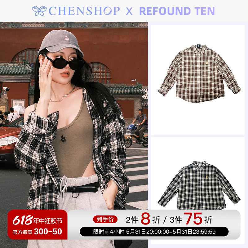 REFOUND TEN时尚潮流复古格子衬衫长袖上衣女CHENSHOP设计师品牌