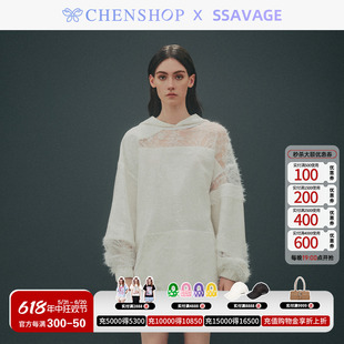 SSAVAGE时尚连帽白色珠片拼接卫衣小众百搭女CHENSHOP设计师品牌