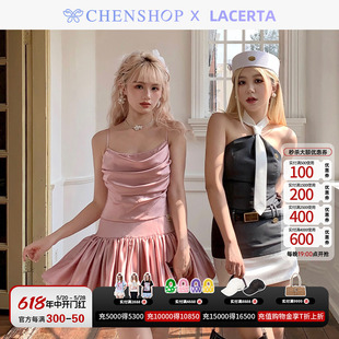 LACERTA时尚荡领芭蕾褶皱吊带连衣裙甜美百搭CHENSHOP设计师品牌