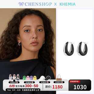 KHEMIA黑玛瑙耳环设计高级感纯银镀金光面水滴u形耳饰CHENSHOP