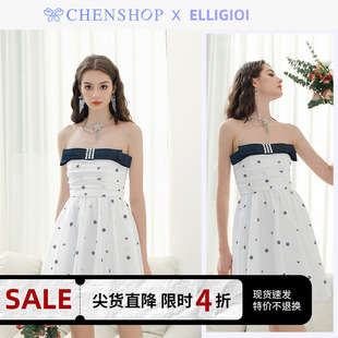 ELLIGIOI白色提花拼接牛仔蝴蝶结抹胸连衣裙女CHENSHOP设计师品牌