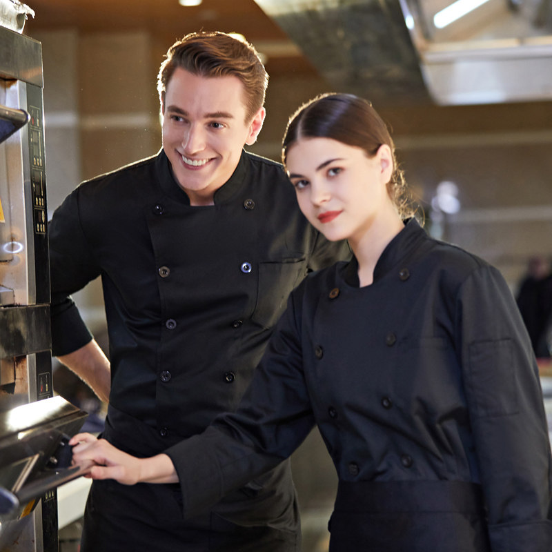 纯色厨师工作服长袖秋冬酒店西餐厅后厨饭店火锅店厨衣套装特大码