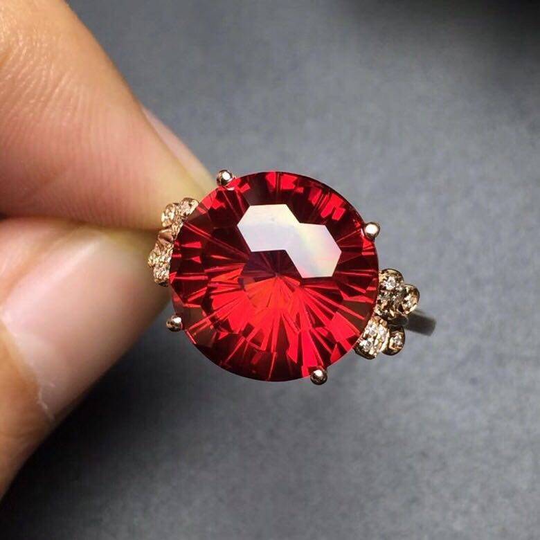 天然鸽血红托帕石戒指晶体全净火彩爆闪烟花切工s925银精工镶嵌——晶
