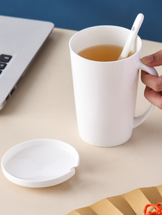 白色骨瓷釉下彩水杯子马克杯带盖大容量陶瓷茶杯咖啡杯家用耐高温