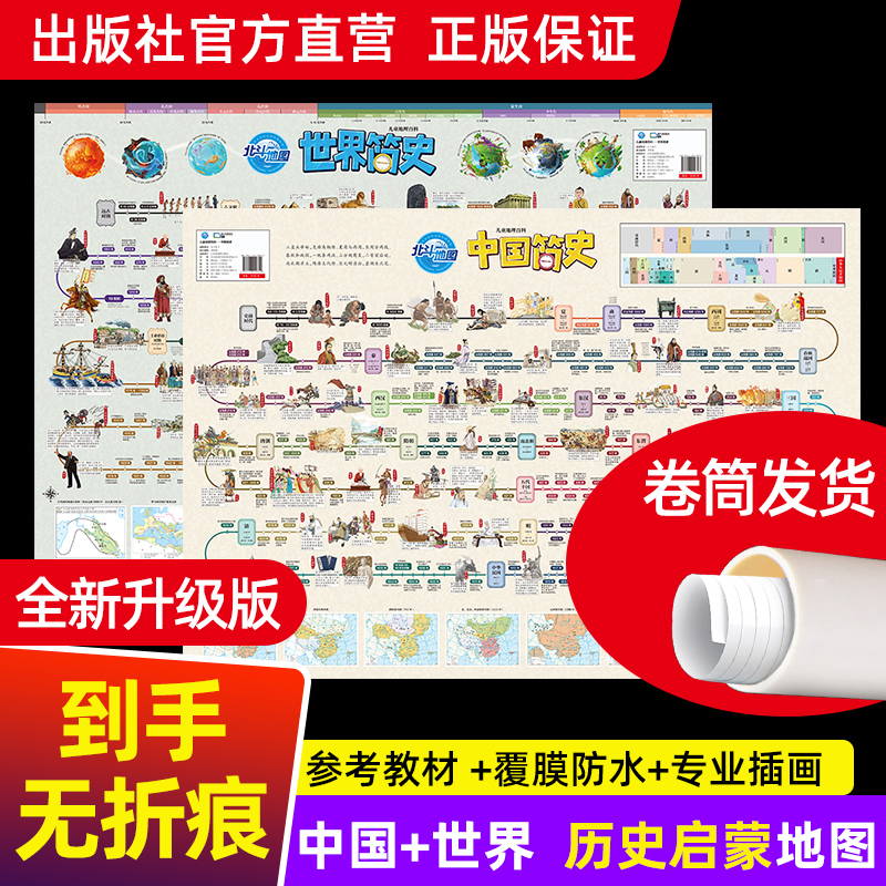 【官方正品】儿童中国历史世界简史地图 学生家用地理历史语文启蒙北斗地图 儿童房高清防水大尺寸挂画少儿百科地图抖音同款