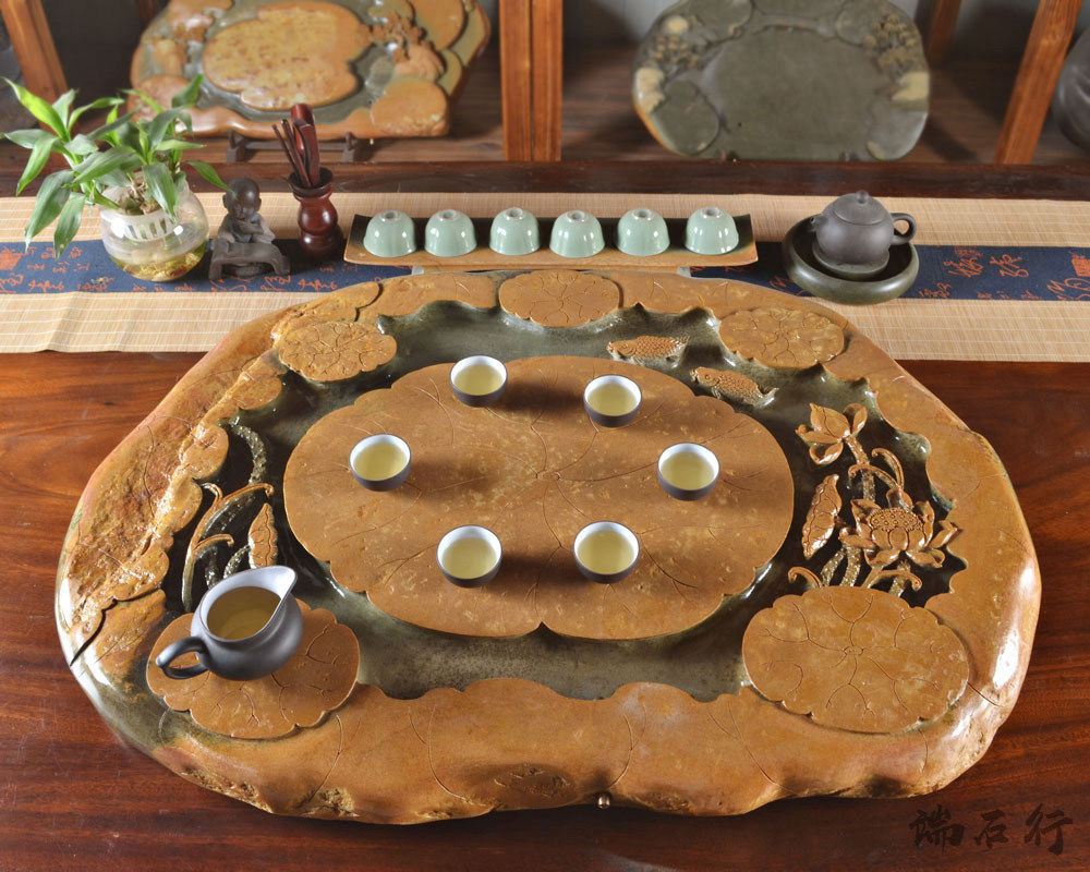 整块原石功夫茶具排水石茶盘精工雕刻寓意美一体式手工茶艺湿泡台