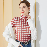 High-neck mesh bottoming shirt women's 2021 autumn new style inner tie-dye long-sleeved high-end slim sexy thin T-shirt women