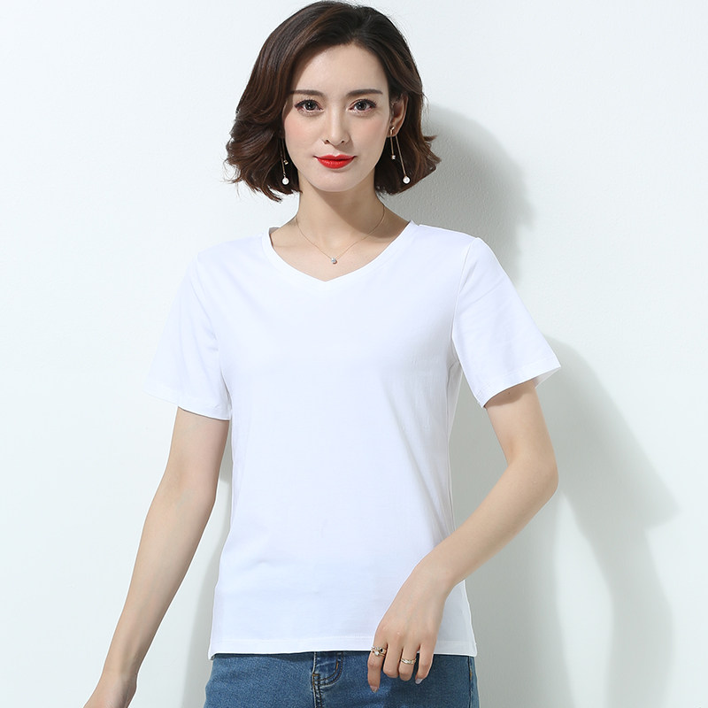 2021时尚新款纯白色短袖t恤女夏v领宽松显瘦长袖棉打底衫百搭韩版