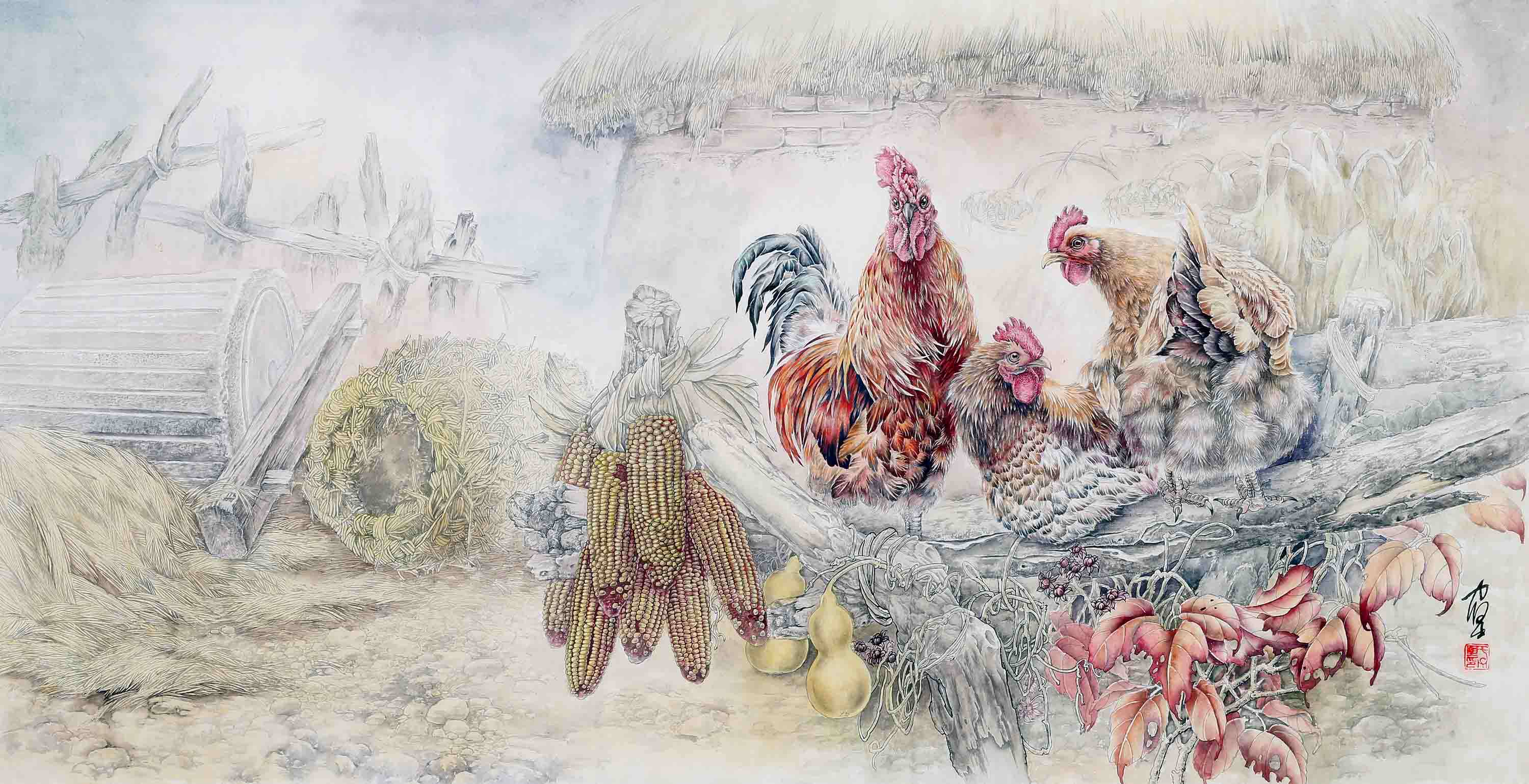 于力坚原创精品《农家乐》吉林省美术家协会会员