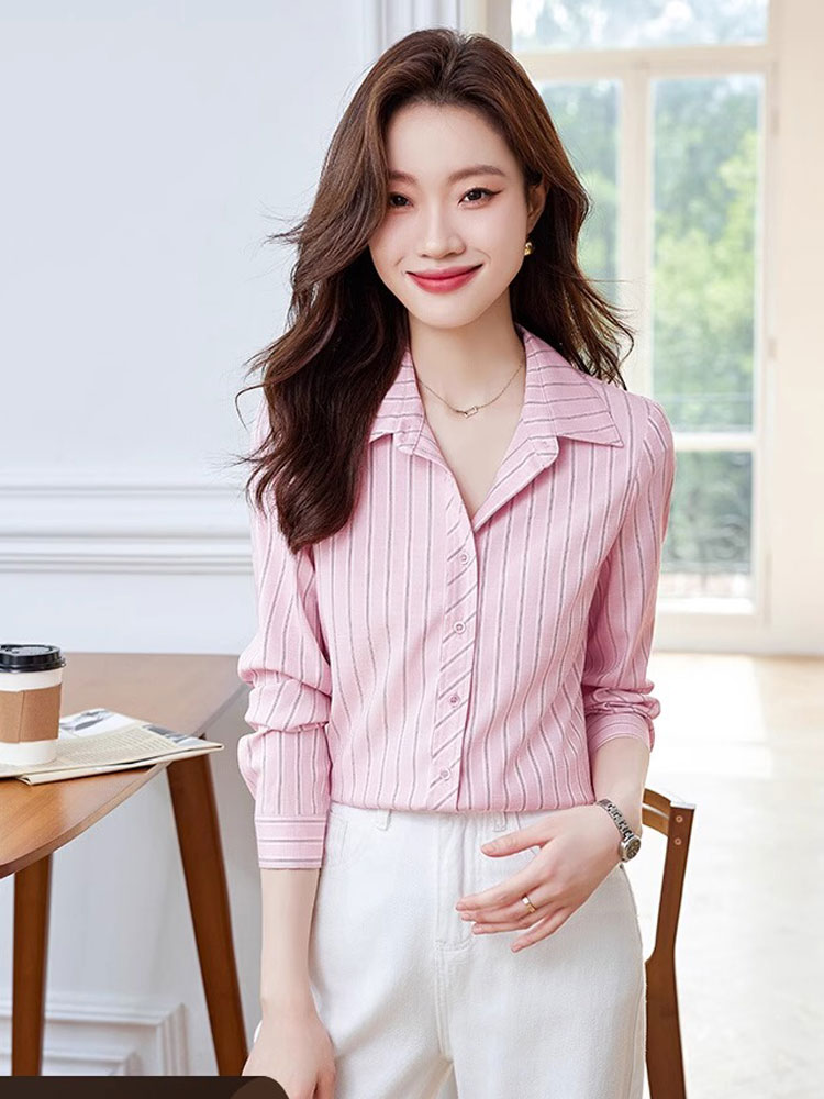 粉色条纹衬衫长袖女春秋2023年新款爆款时尚洋气小个子高级感衬衣