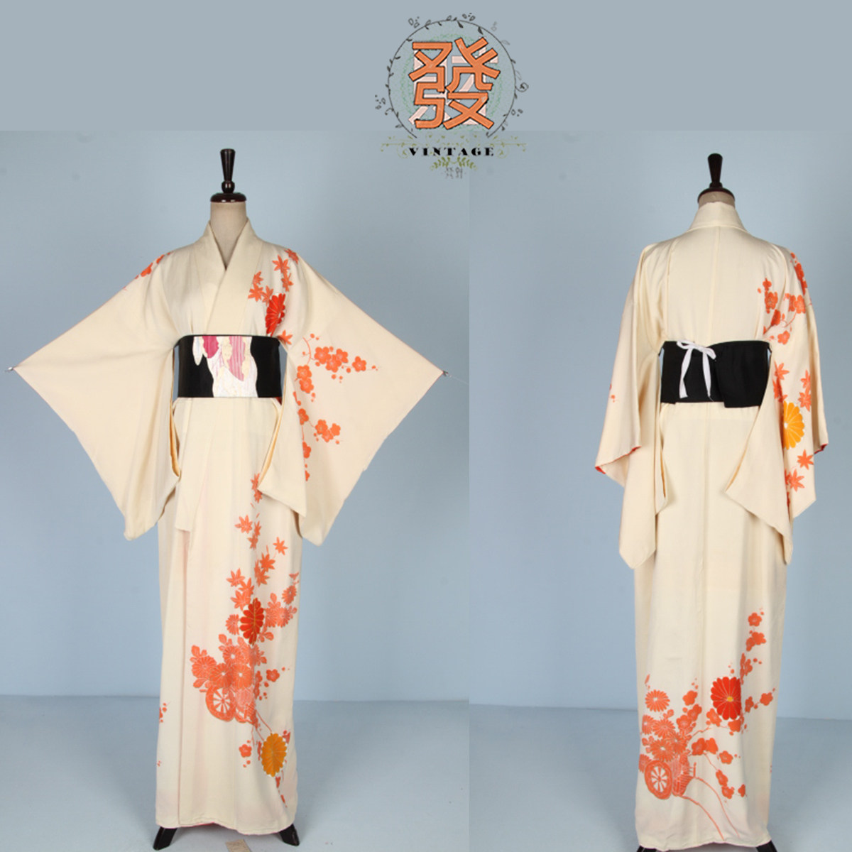 vintage古着日本传统橘色印花留袖付下访访问和服民族服装
