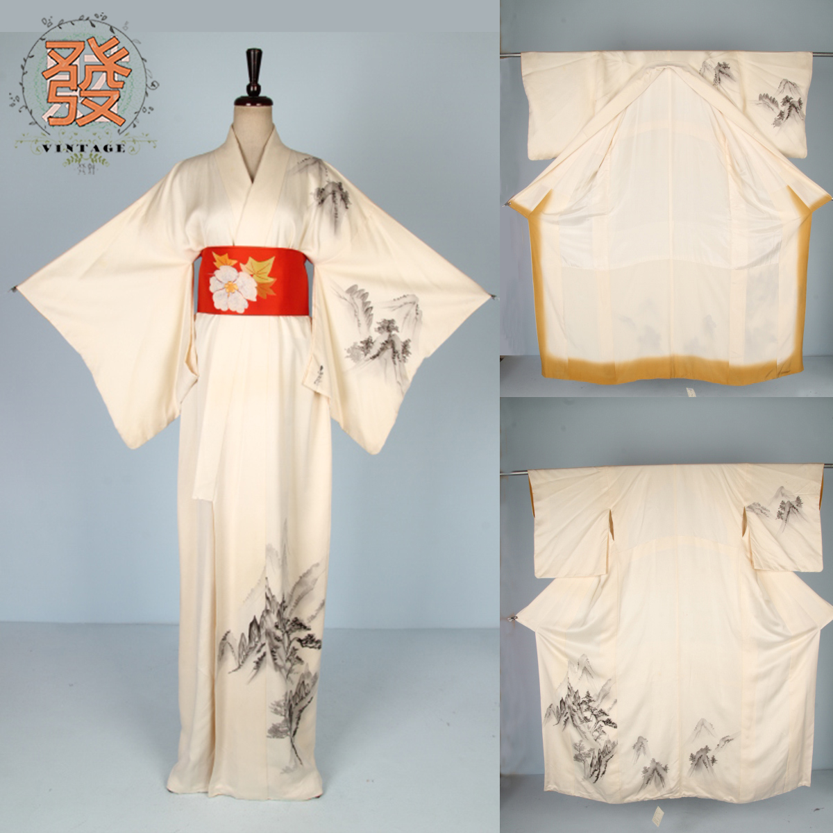vintage古着日本传统民族水墨山水色无地和服和风民族服装