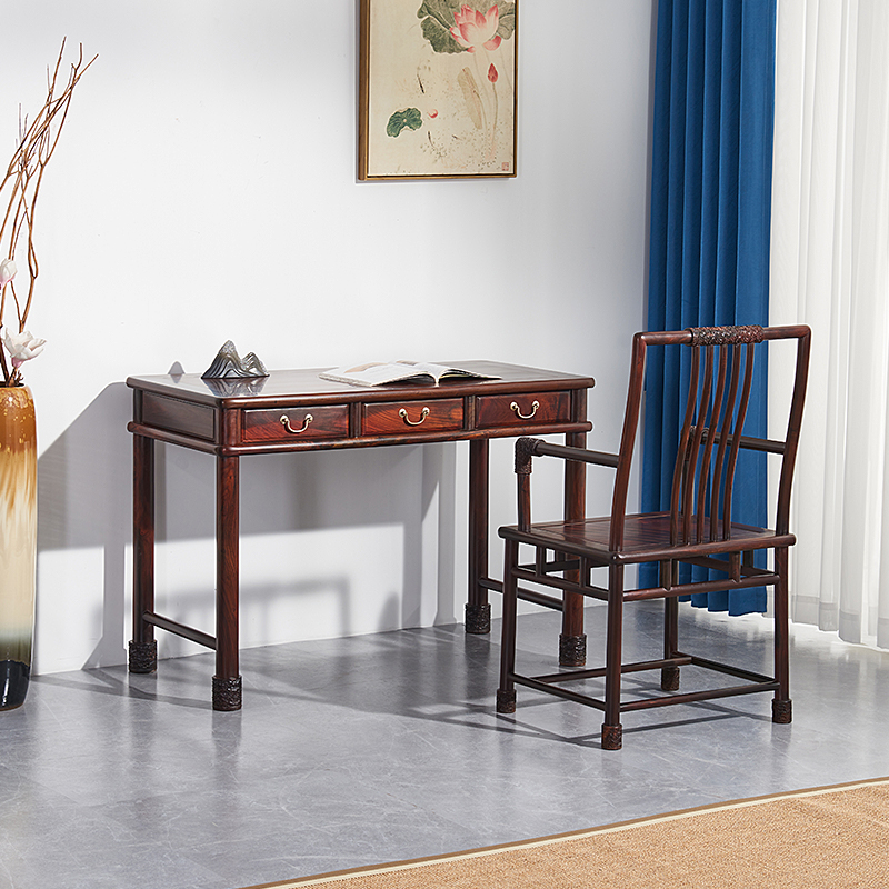 红木家具老挝大红酸枝交趾黄檀清明式古典圆包圆书桌办公桌椅一套