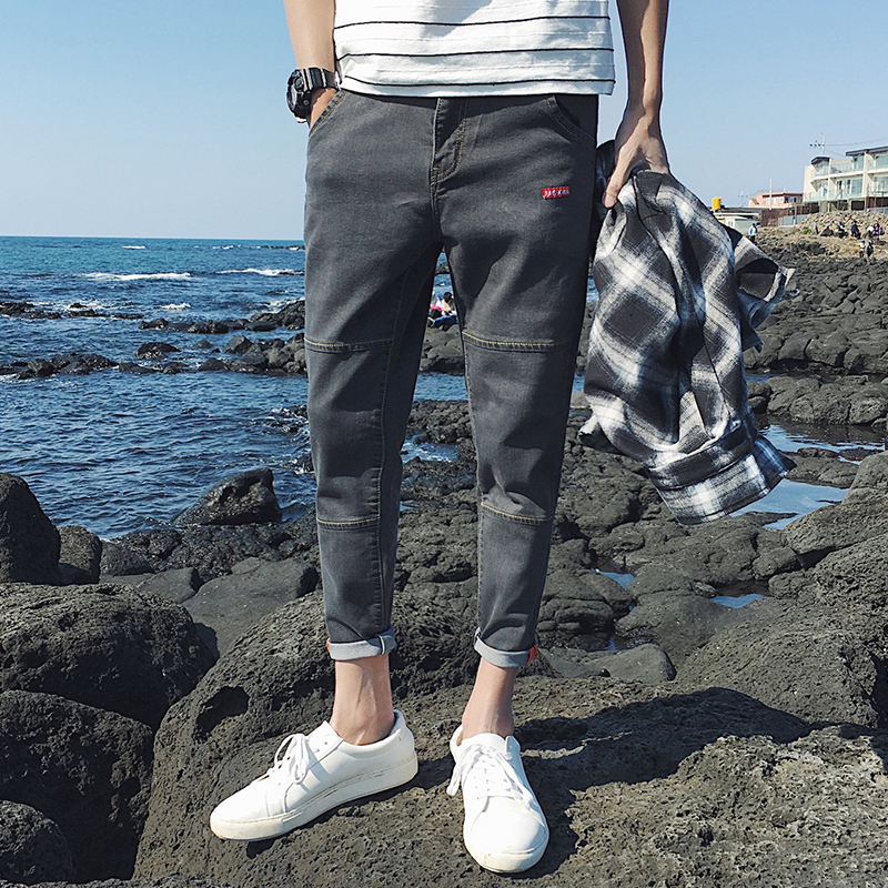 男士牛仔褲子秋季新款2017破洞九分褲青少年修身韓版潮流小腳褲男