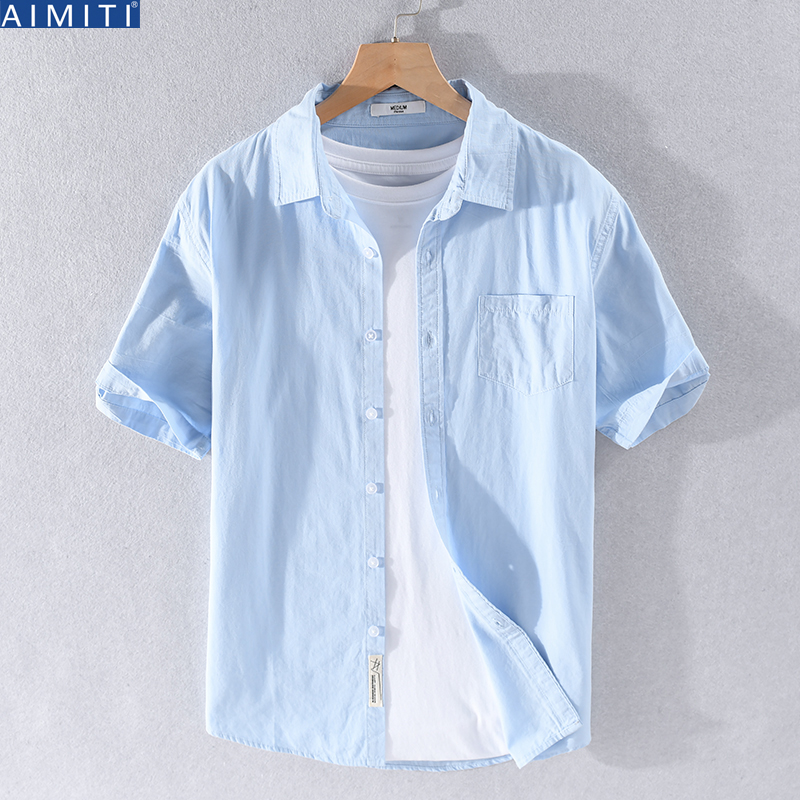 浅蓝色衬衫男短袖夏季薄款休闲纯棉衬衣服高级感冰感痞帅半袖寸衫