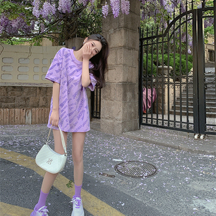 潮牌设计感小众紫色印花短袖t恤女2024夏新款宽松大版中长款上衣