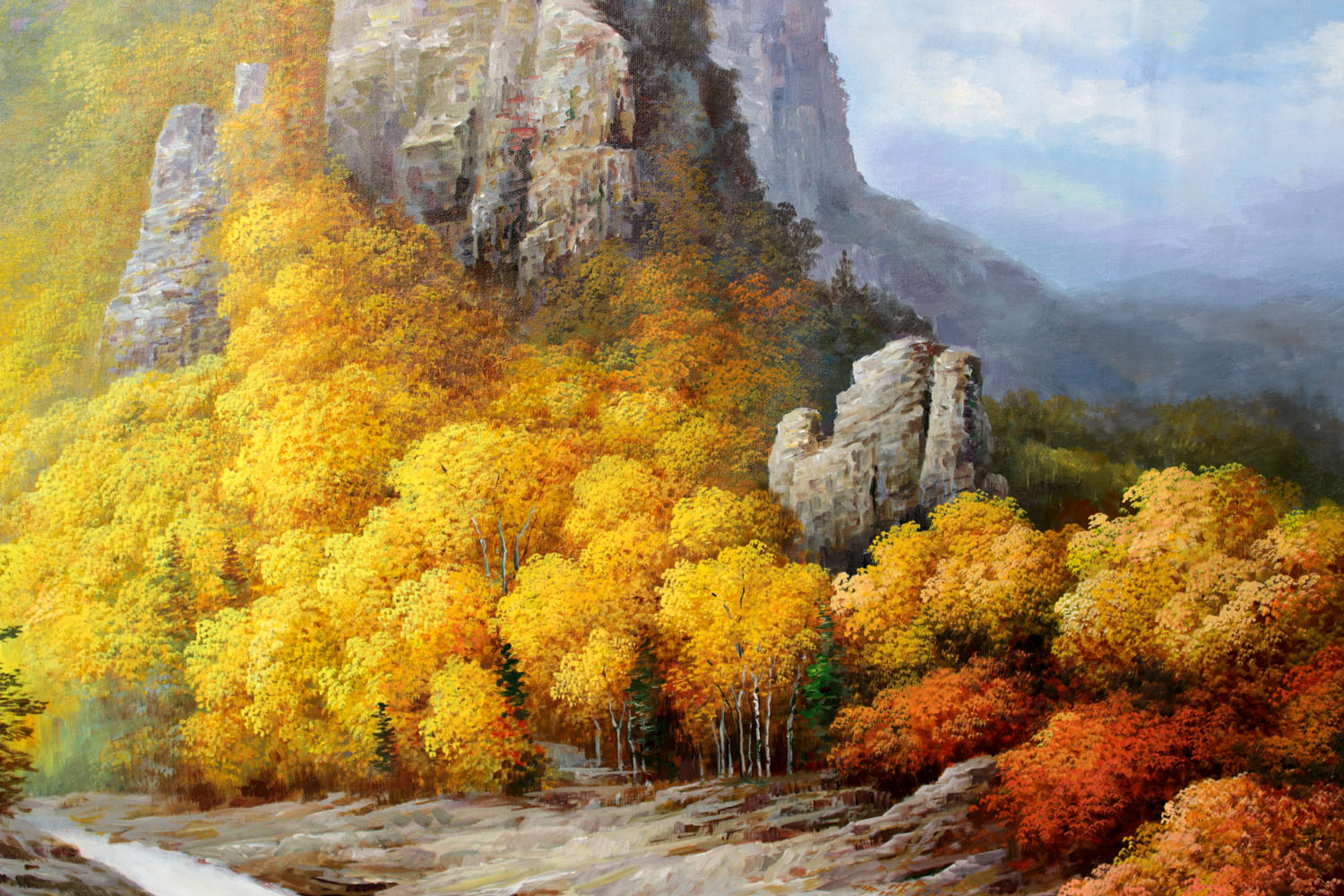 朝鲜名家 郑哲龙《妙香山瀑布》丙烯画 海外直供 【白头山出品】