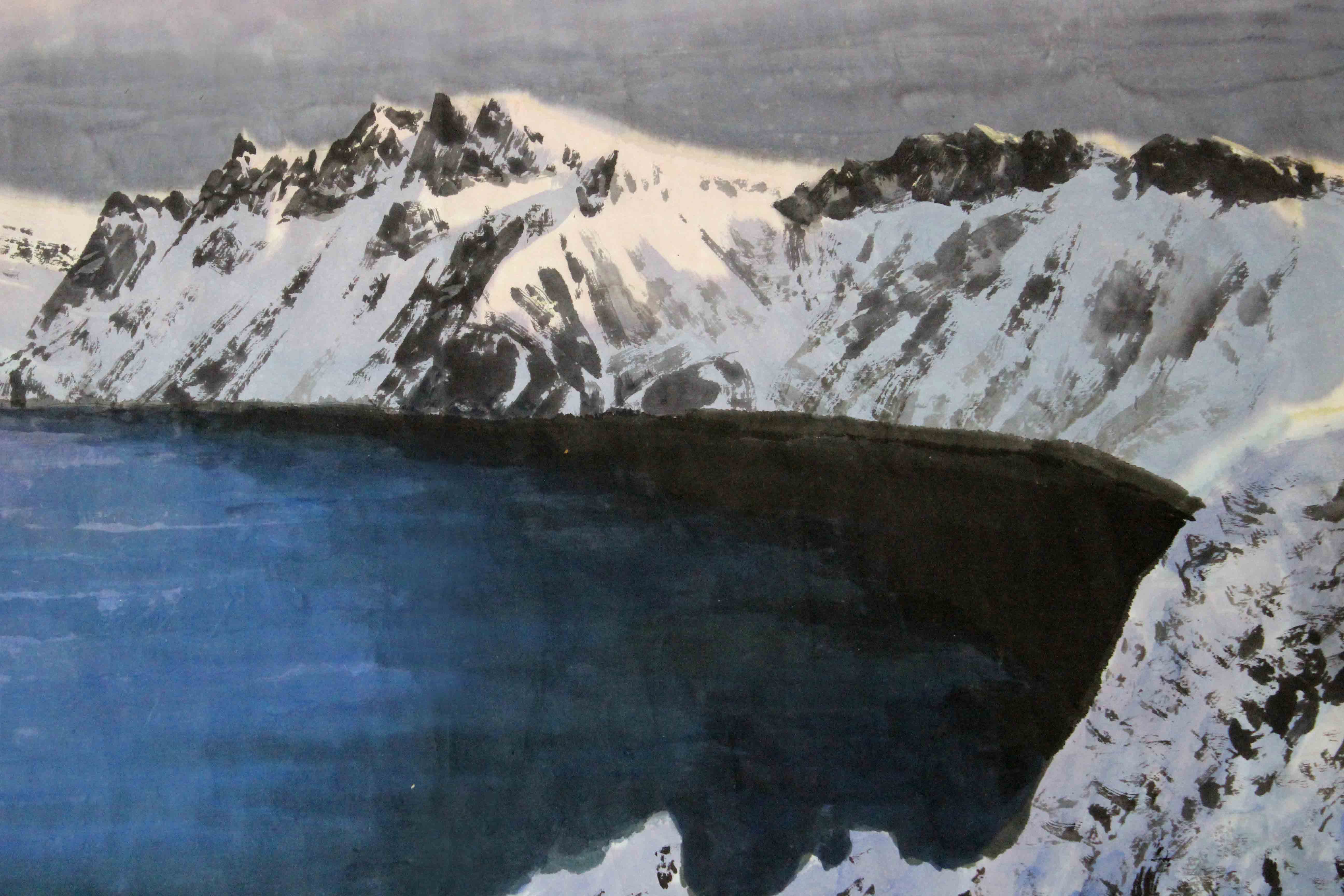 大尺幅 朝鲜人民艺术家 郑哲浩 《白头山天池》朝鲜名家 国画