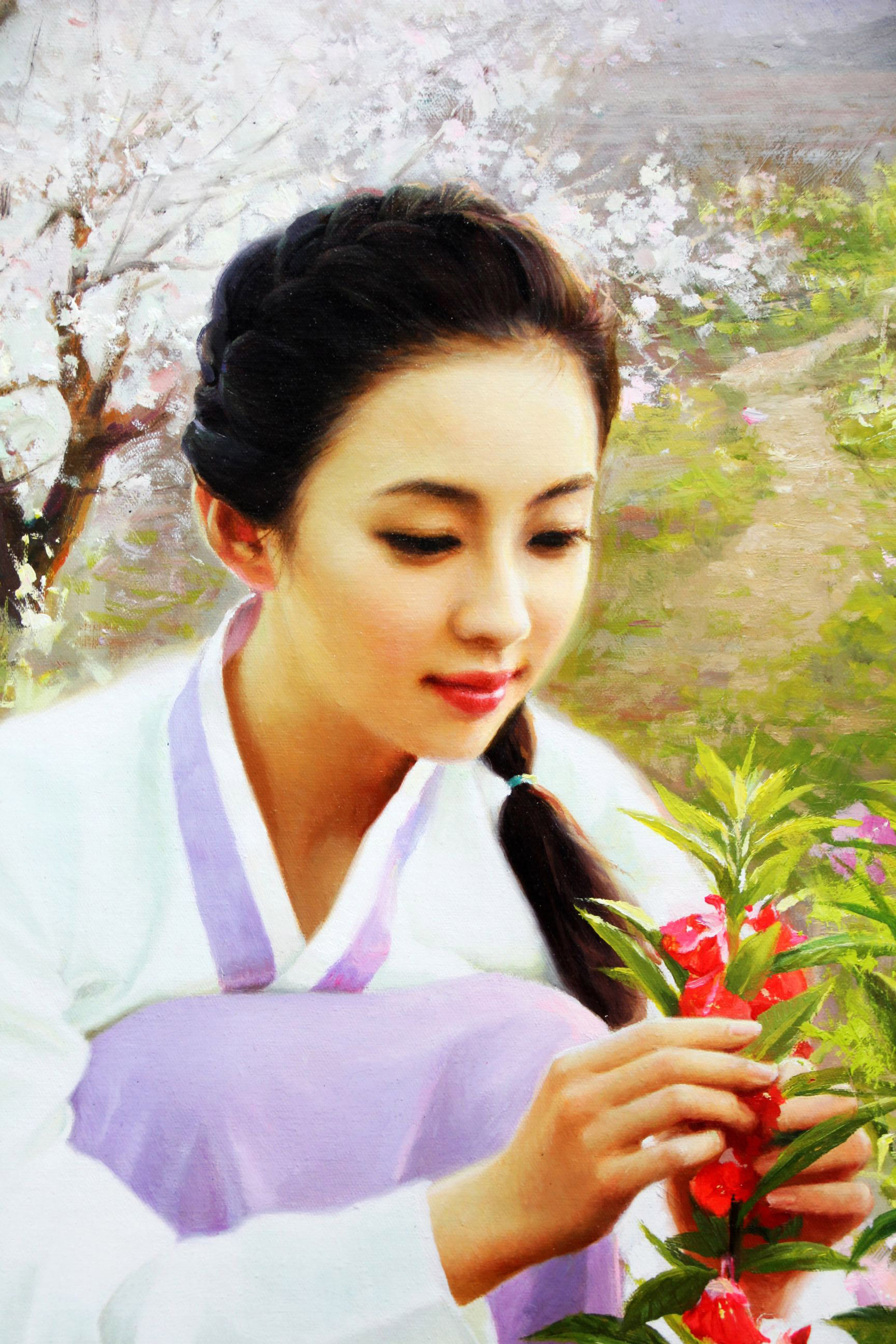 (朝鲜)金明国《人比花娇》万寿台美术社 油画精品【白头山出品】