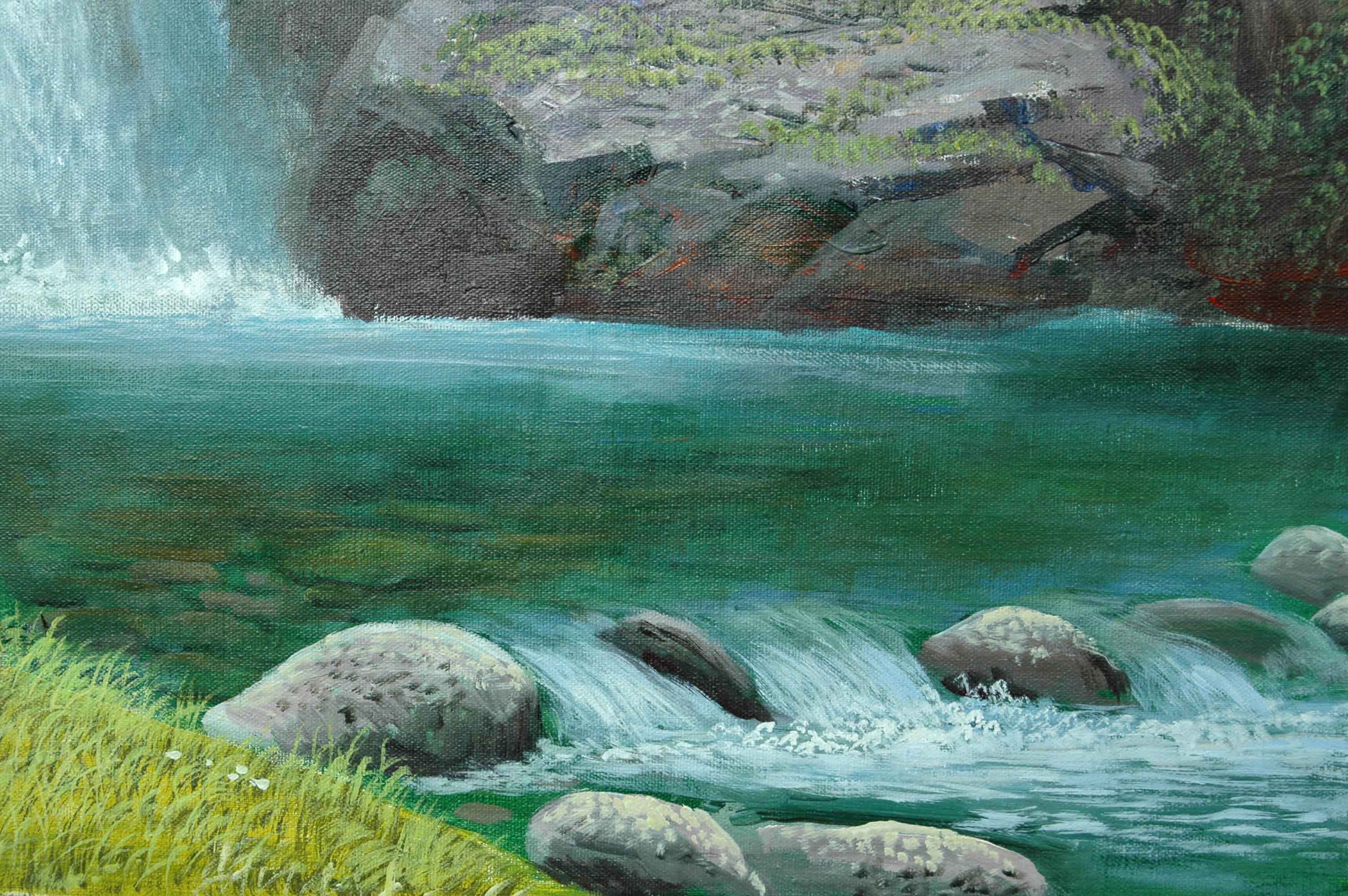 朝鲜名家丙烯画 李经秀 《秋天的溪漘》朝鲜丙烯画