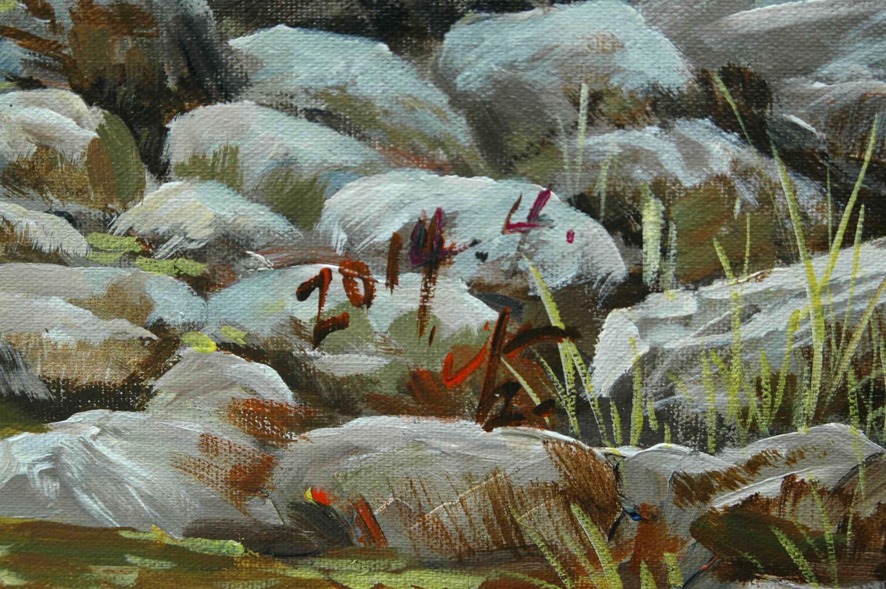 朝鲜名家丙烯画 李南 《夏天的溪涧》朝鲜一级画家 丙烯画