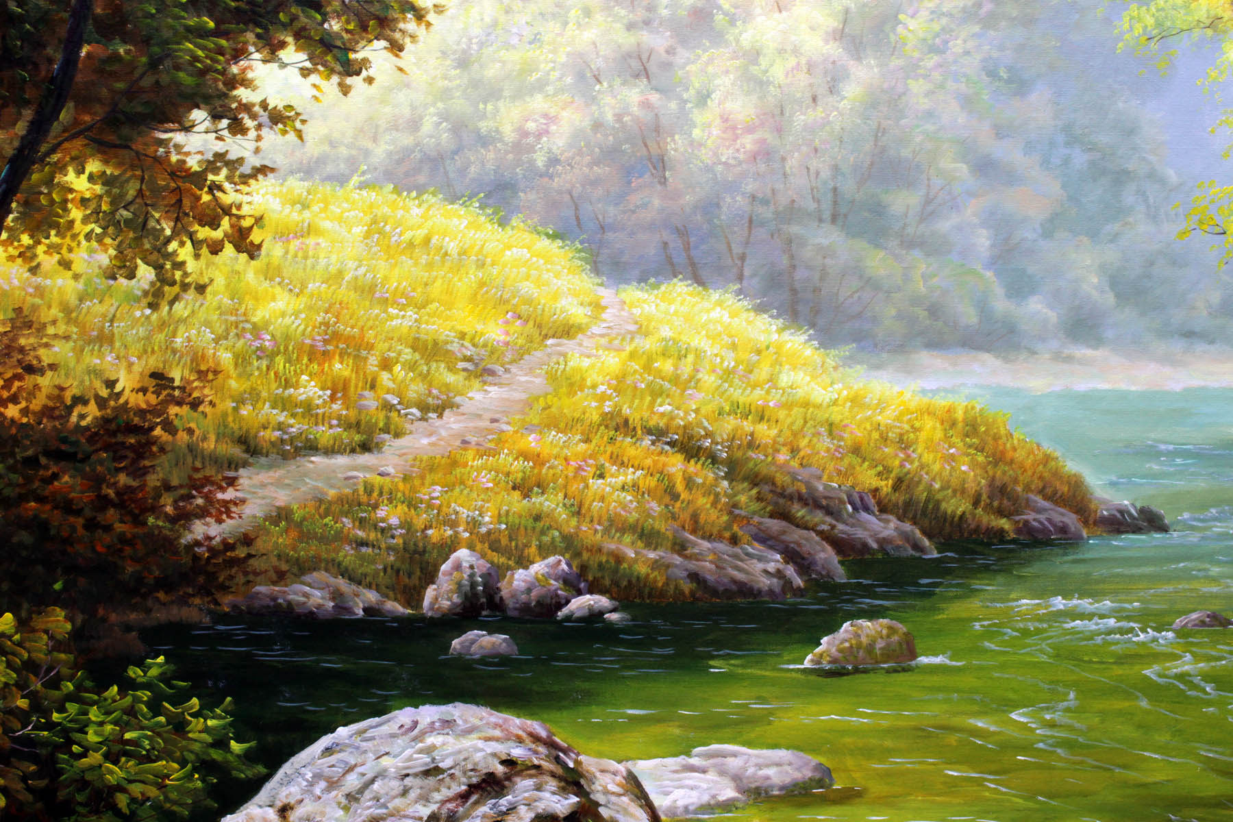 大尺幅 朝鲜名家油画 李成民 《秋天的溪涧》一级画家 丙烯画
