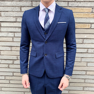 韩版修身休闲格子西服套装男士蓝色商务职业正装新郎结婚礼服西装