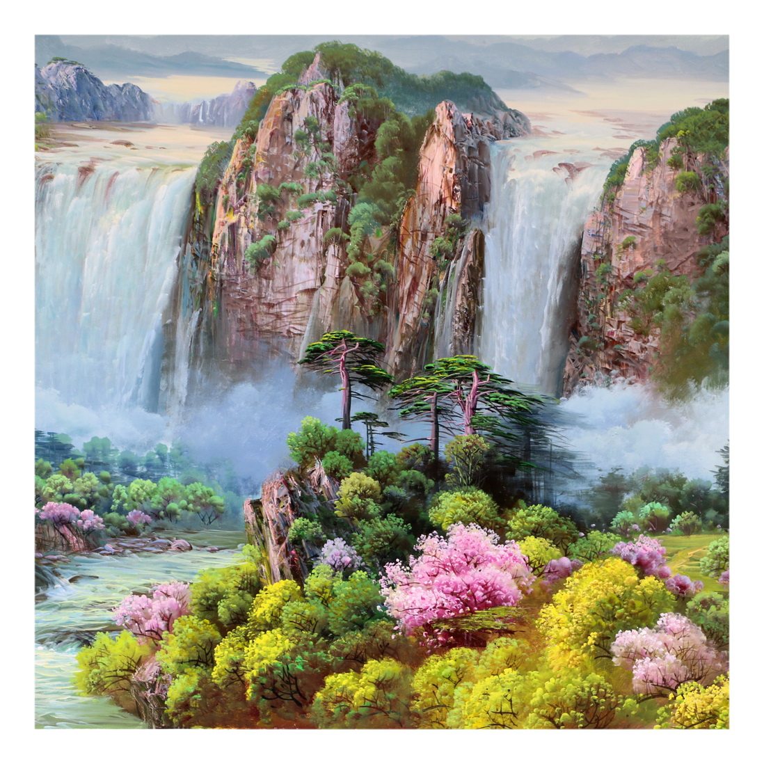 (朝鲜)巨幅2.2米 赵正范《聚宝盆瀑布》白虎美术创作社