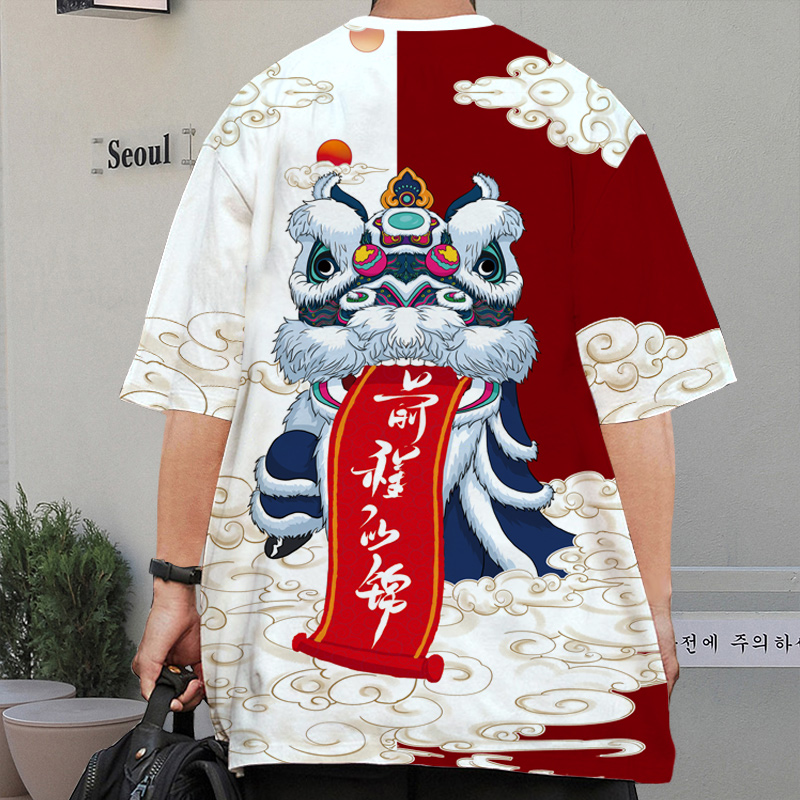 醒狮t恤男舞狮短袖夏季国潮半截袖中国风男装夏装青少年圆领衣服