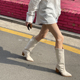 饰与美2023韩国高跟粗跟尖头显瘦帆布拼接套筒白色西部高筒长靴女